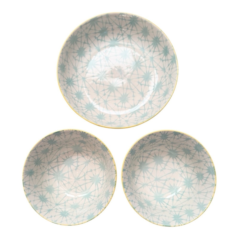 SIGNATURE Brand Embossed Yellow Teal Interior Design Ceramic Bowls (3 in Set)